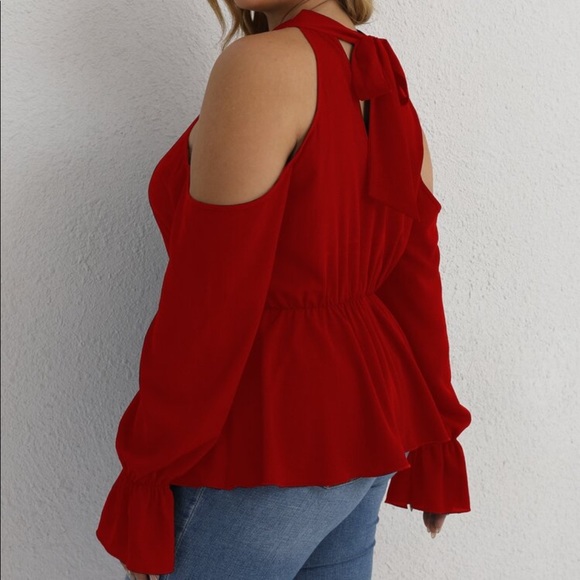 Boho Plus Size Off Shoulder Halter Neck Cut Out Flounce Peplum Top Blouse RED - Picture 2 of 16